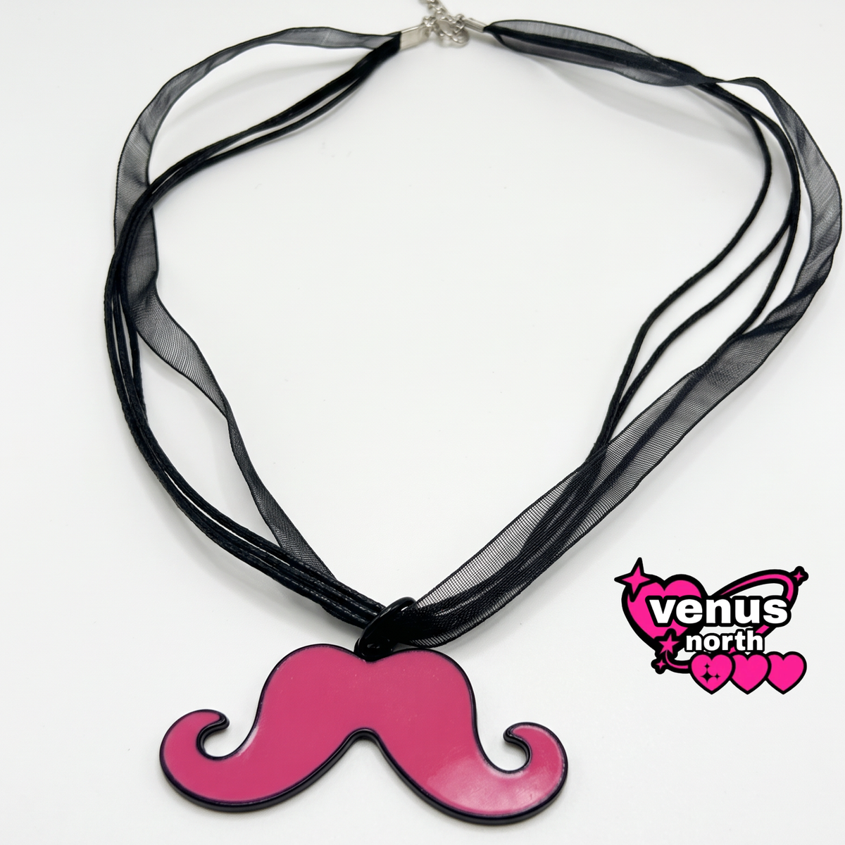 Pink mustache pendant ribbon necklace