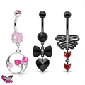 Bow, heart and ribcage belly button piercing