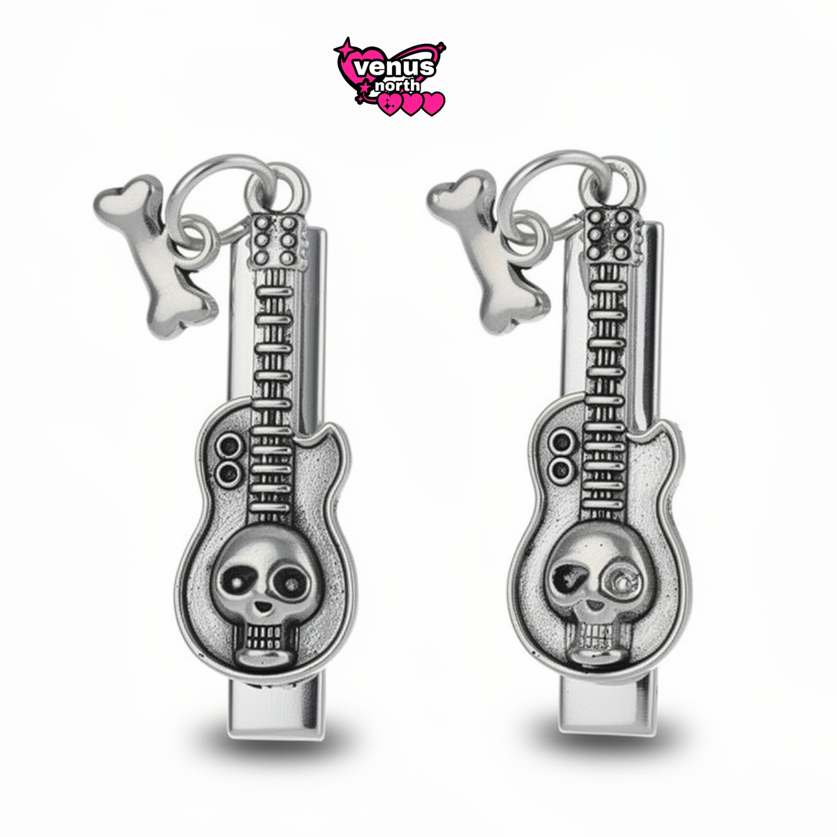 Skull guitar & bone charm hair clip