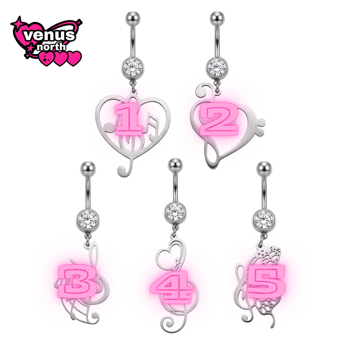 Musical note heart charm navel piercing