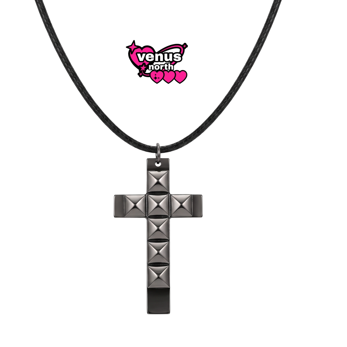 Black studded cross cord necklace