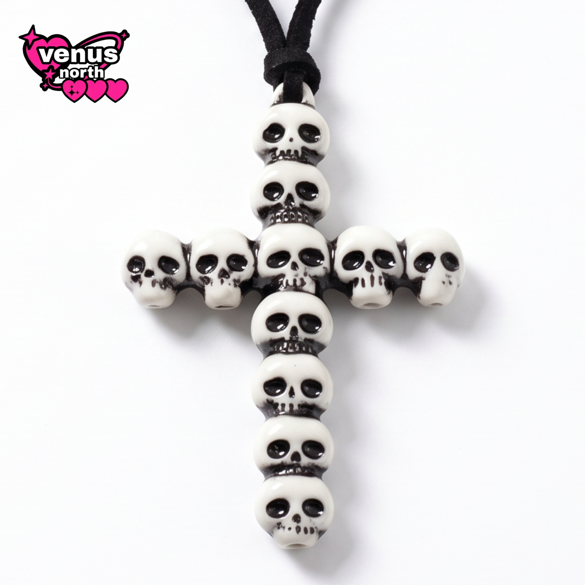 Skull beaded cross pendant faux suede cord necklace