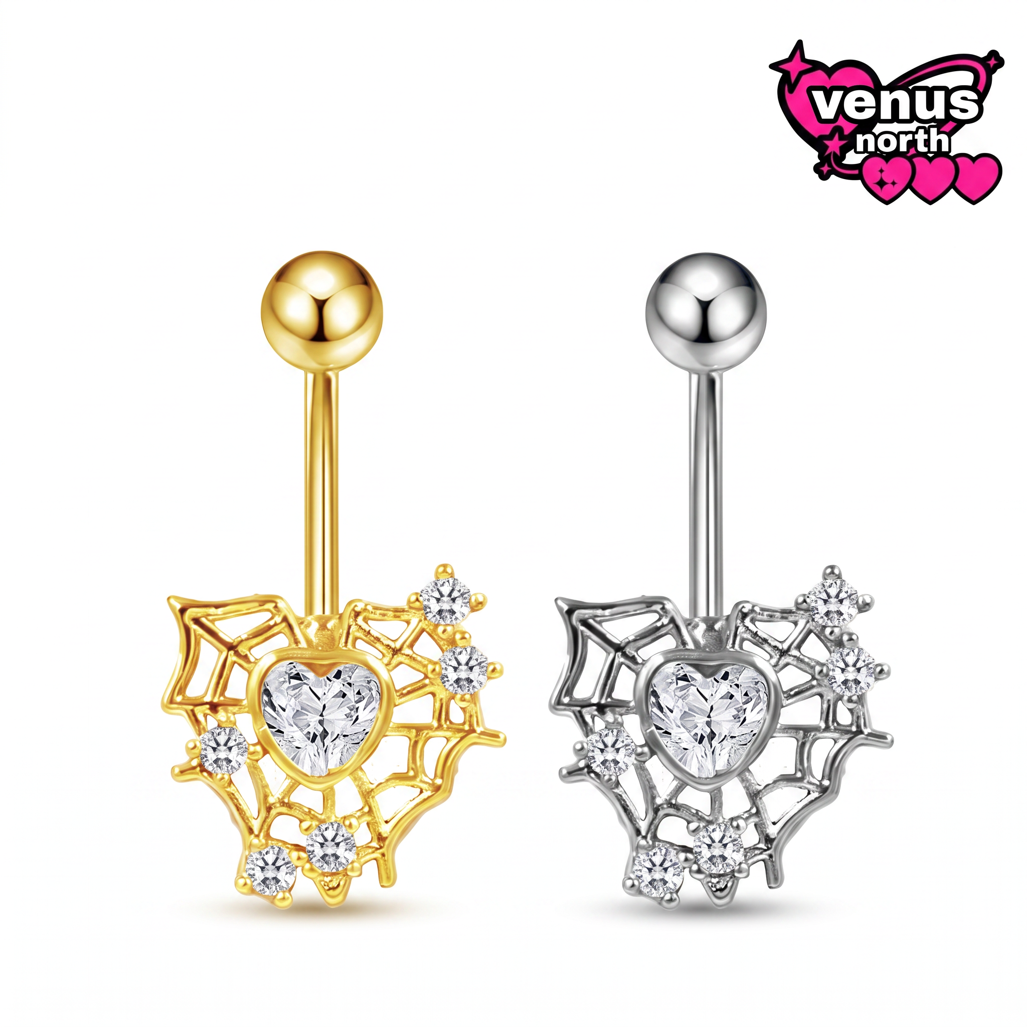 Spiderweb heart charm belly button piercing