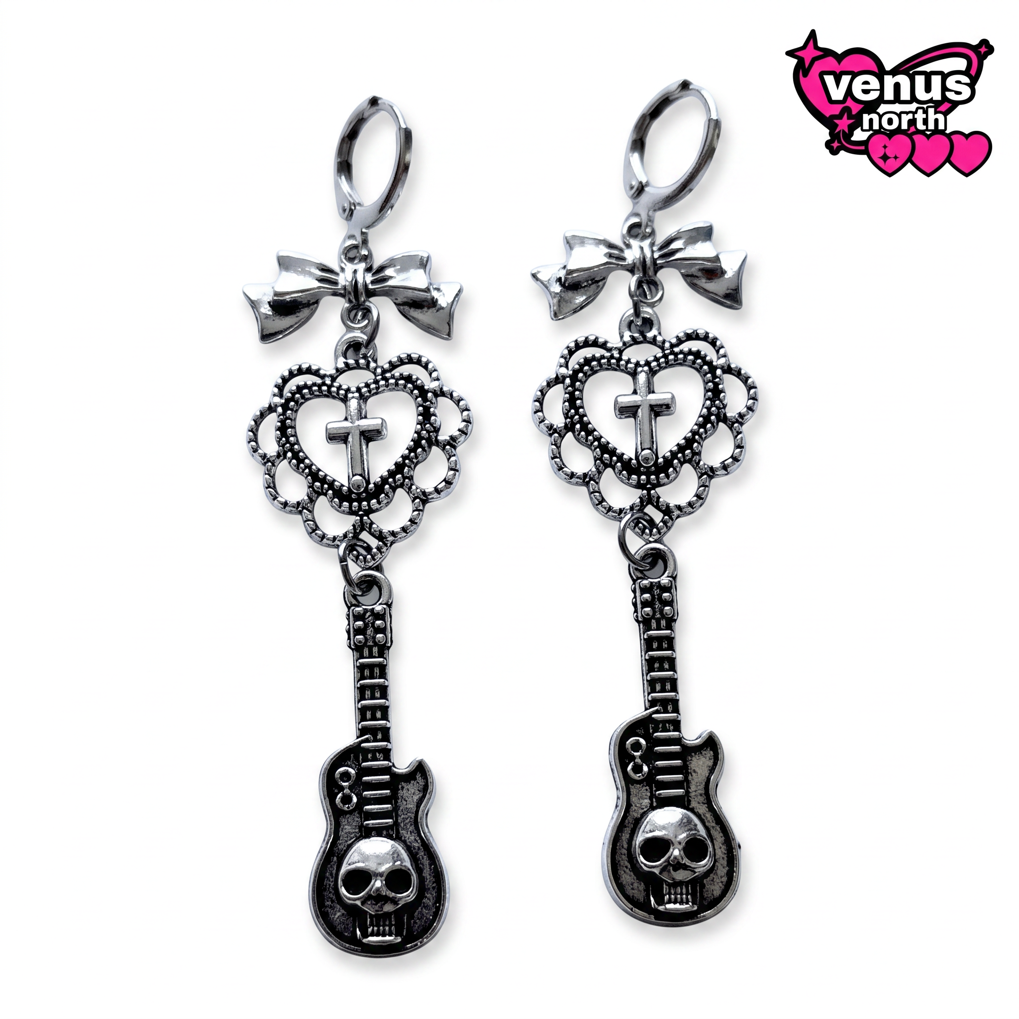 Bow, cross & skull guitar dangle earrings