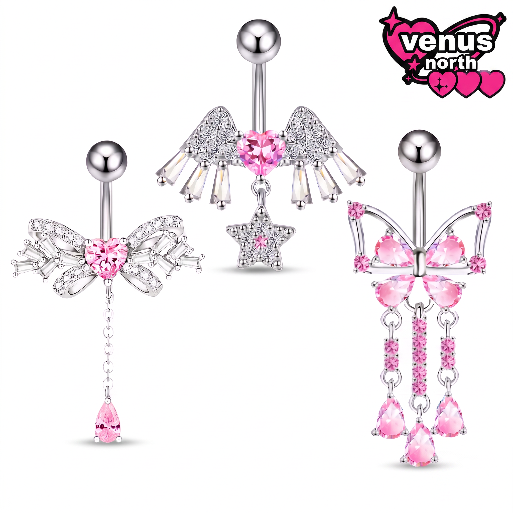 Pink wings trio navel piercings