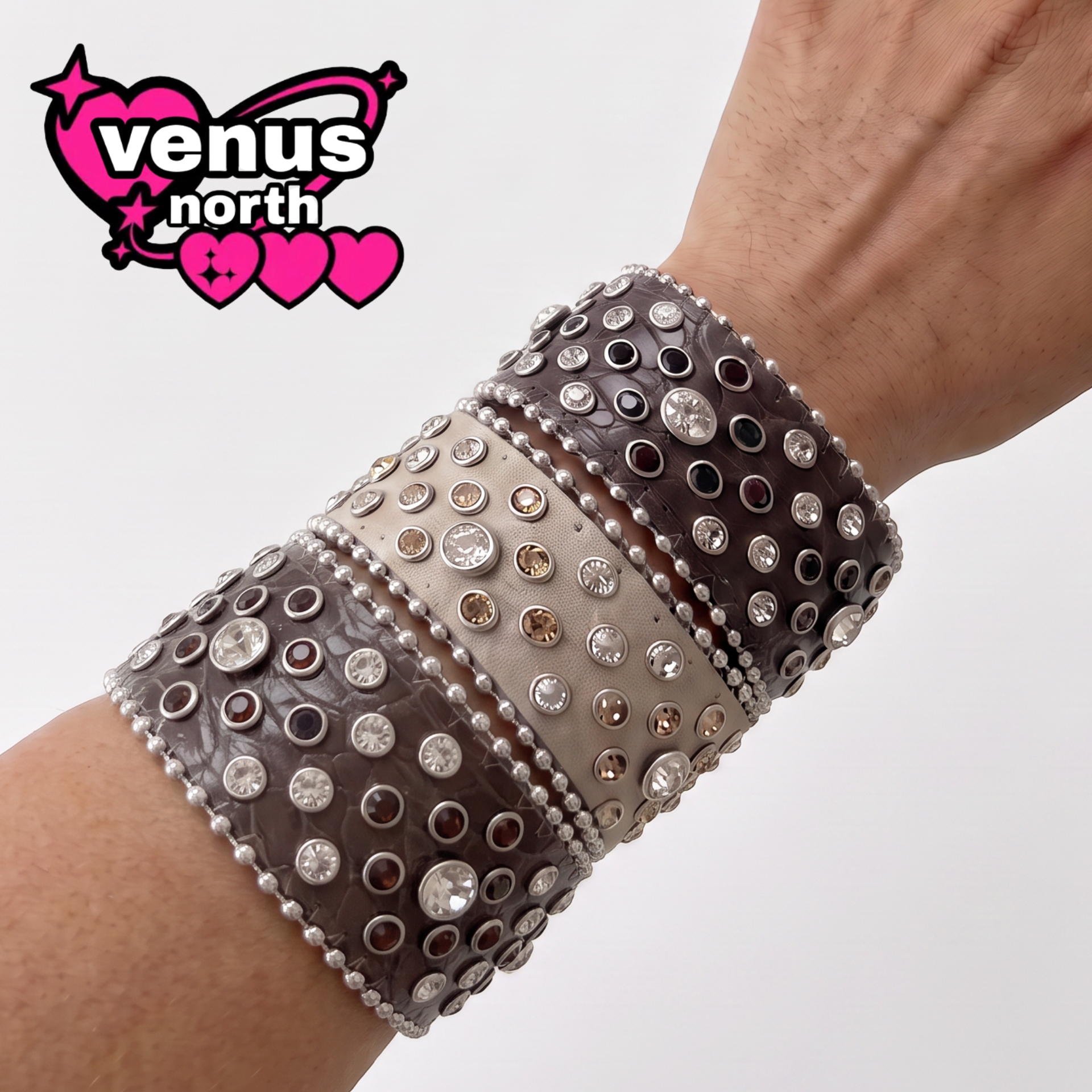 Studded rhinestone faux leather cuff bracelet