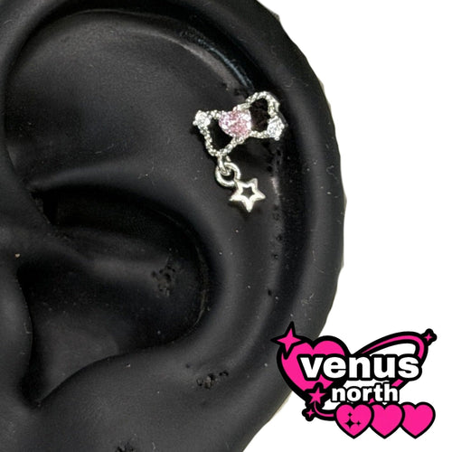 Bow star pendant, zircon stud earrings, flat-bottomed sweet design, titanium steel earrings, ear piercings, ear bones, cochlear studs