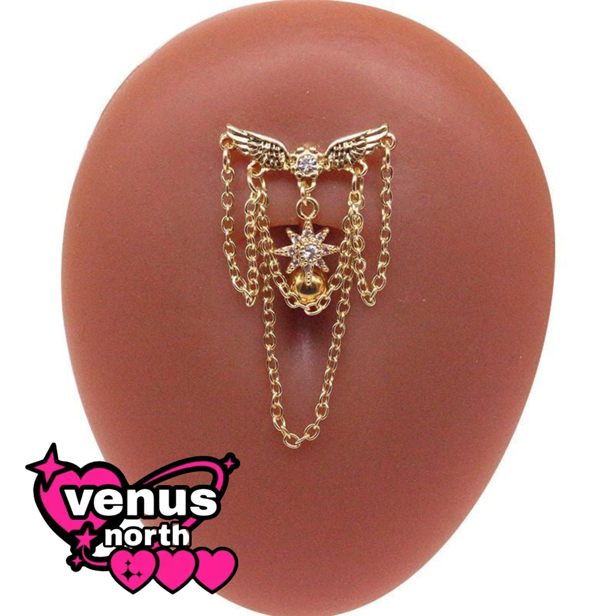 Angel wing chain draped navel piercing